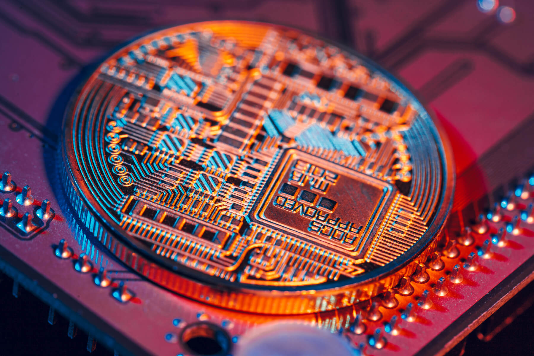 Golden Bitcoin And Computer Chip In Background 2023 11 27 05 32 17 Utc